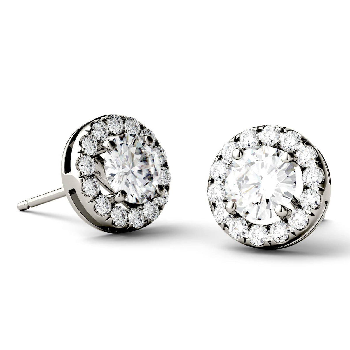 1.28 CTW DEW Round Moissanite Halo Studs in 14K White Gold