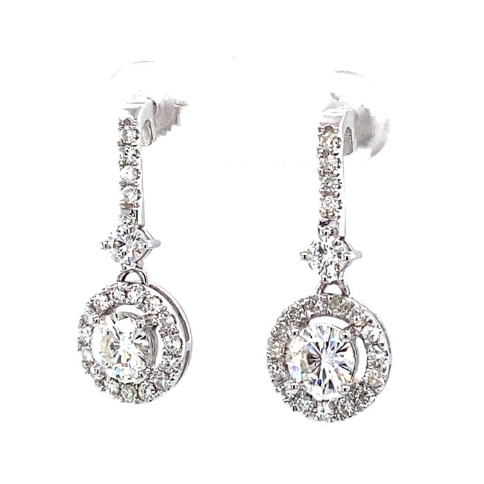 2.03 CTW DEW Round Moissanite Halo Drop Earrings in 14K White Gold