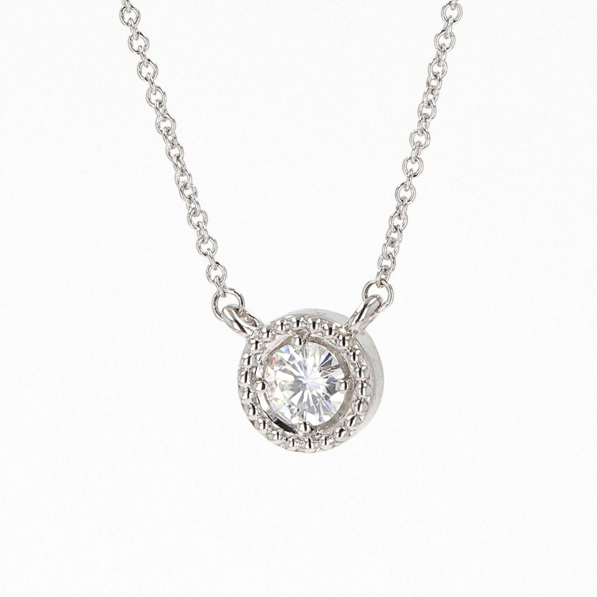 0.33 CTW DEW Round Moissanite Bead Halo Necklace in Sterling Silver