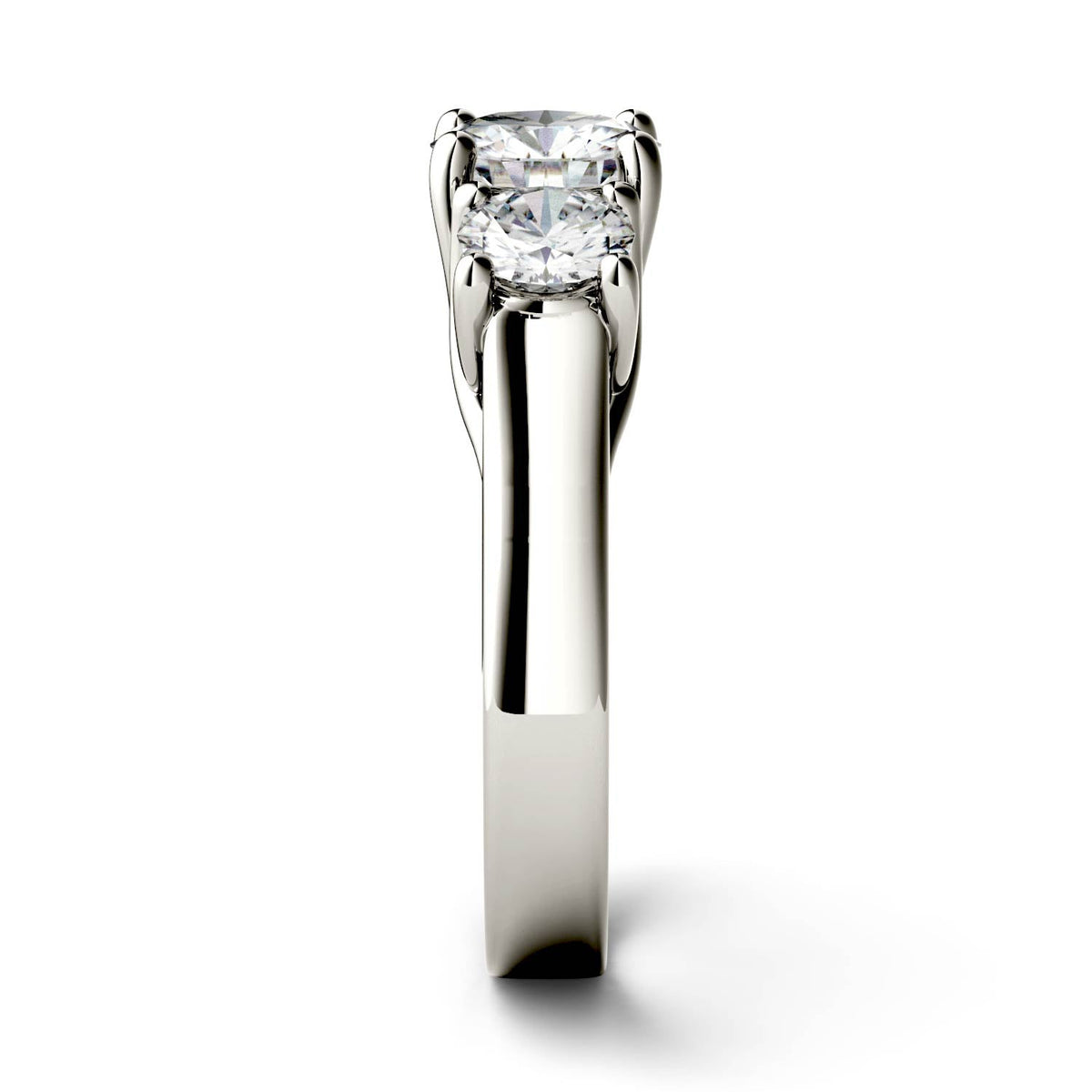 2.00 CTW DEW Round Moissanite Three-Stone Trellis Ring in 14K White Gold