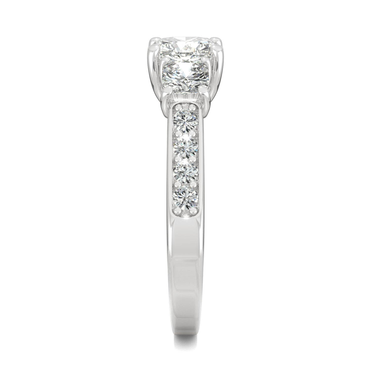 2.14 CTW DEW Cushion Moissanite Three-Stone Ring in 14K White Gold