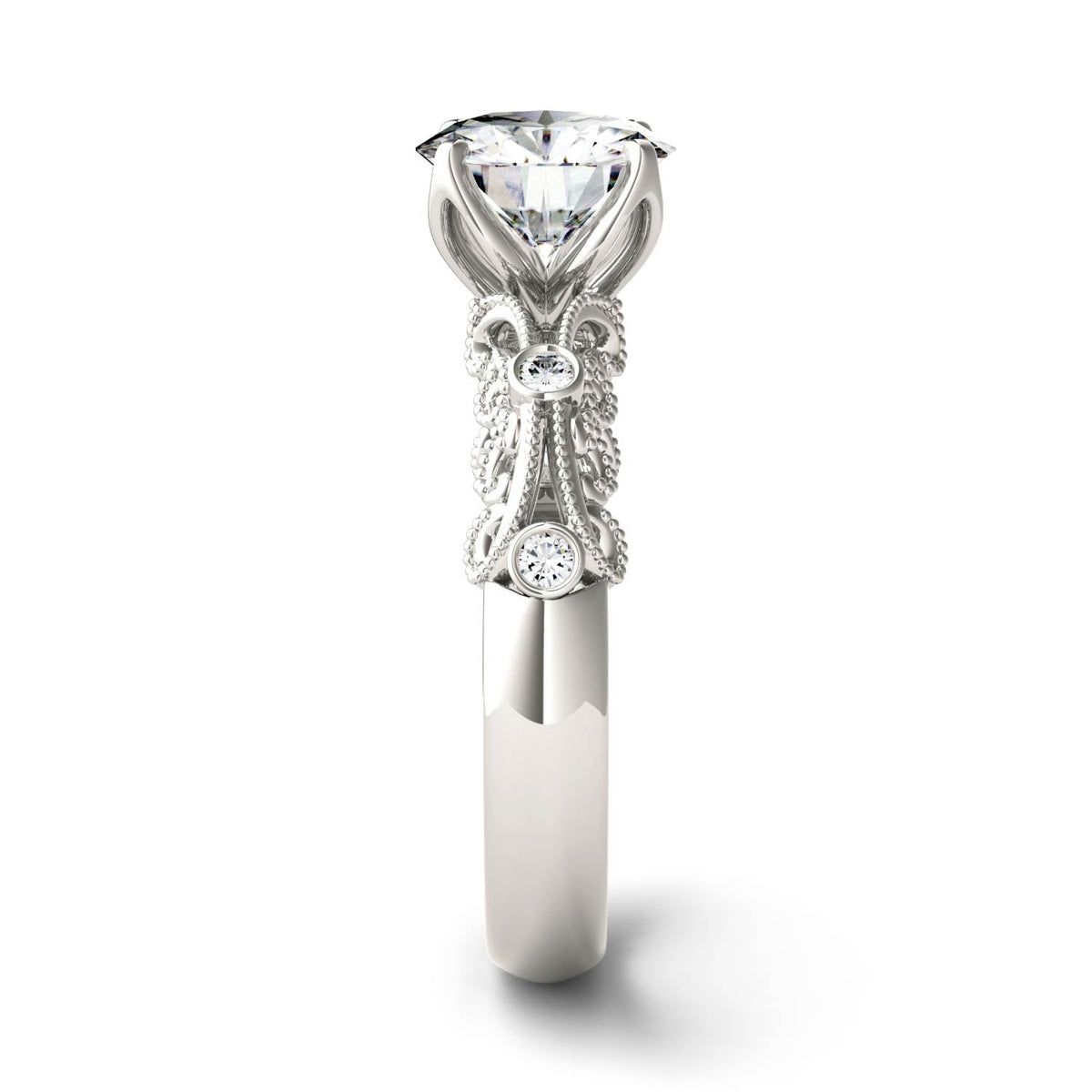 1.54 CTW DEW Round Moissanite Milgrain Engagement Ring in 14K White Gold
