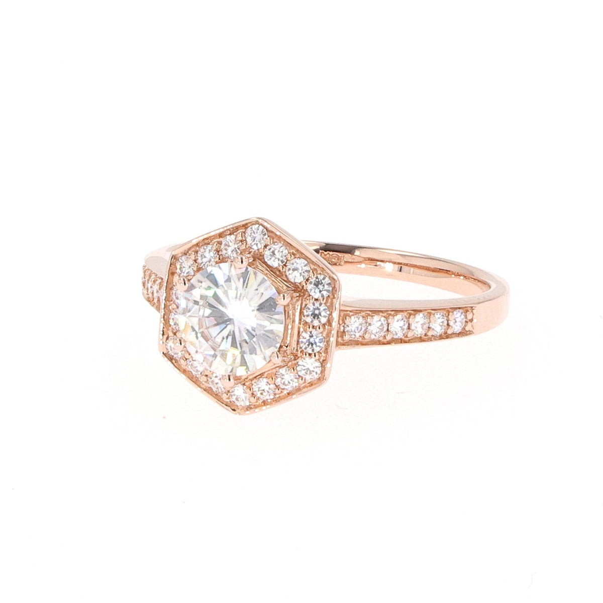 1.10 CTW DEW Round Near-Colorless Moissanite Geometric Halo Engagement Ring in 14K Rose Gold