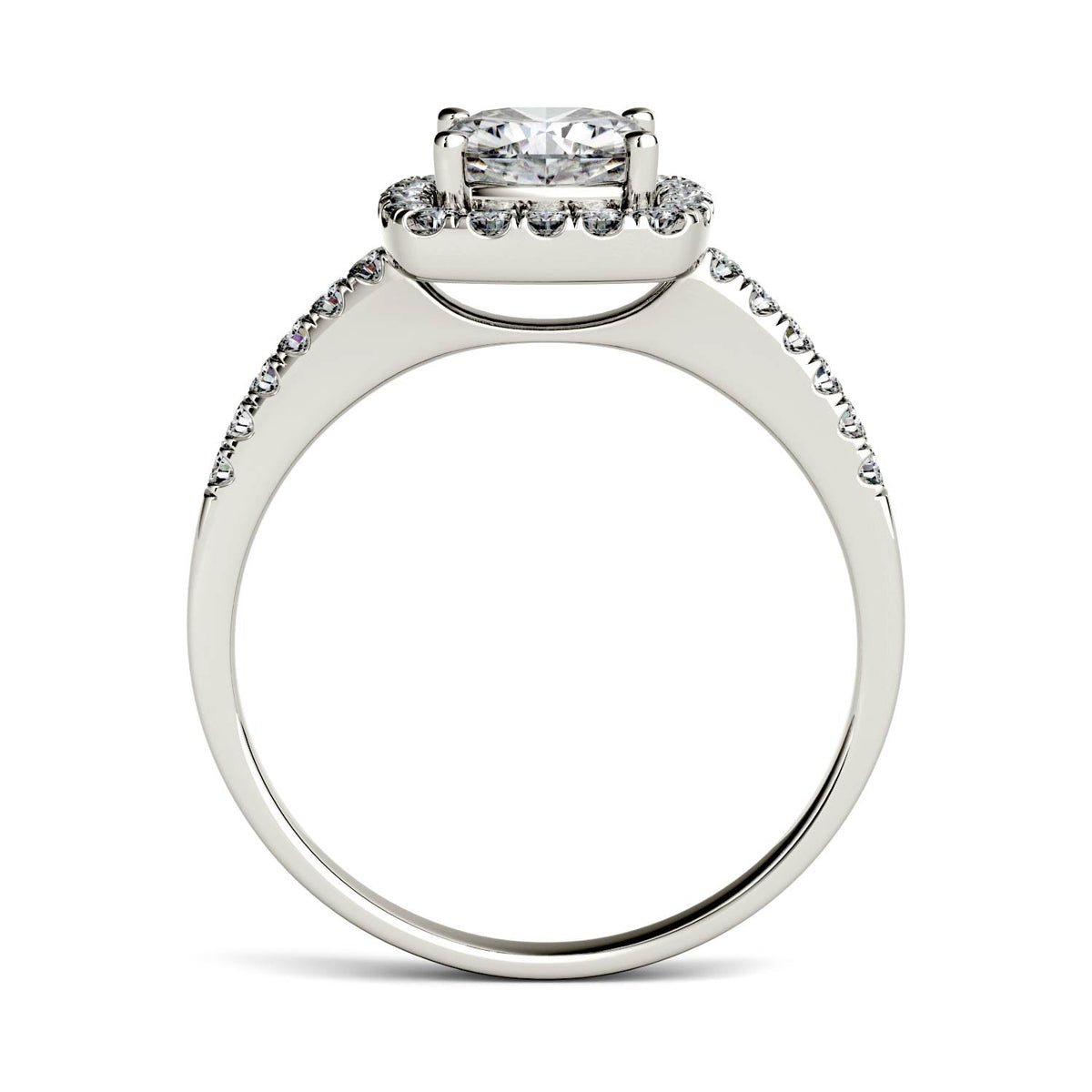 1.40 CTW DEW Cushion Moissanite Side-Stone Halo Engagement Ring in 14K White Gold