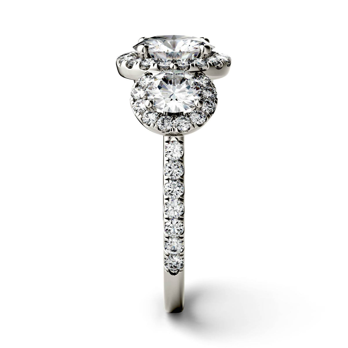 3.09 CTW DEW Round Moissanite Halo Three-Stone Ring in 14K White Gold