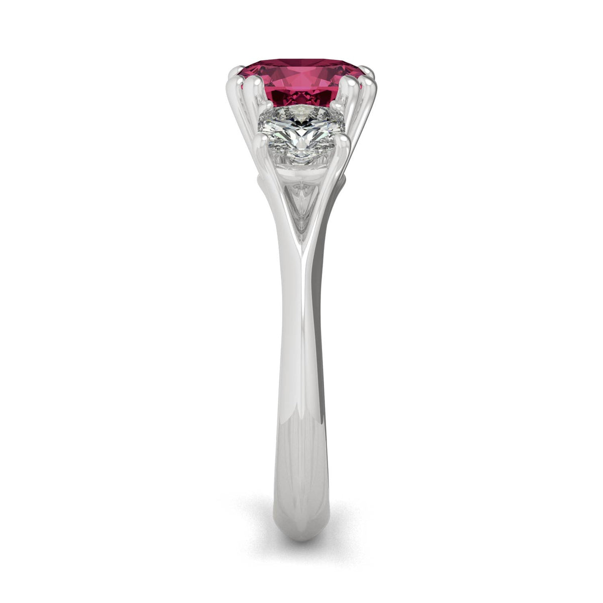 1.00 CTW DEW Cushion Created Ruby Three-Stone Ring in 14K White Gold