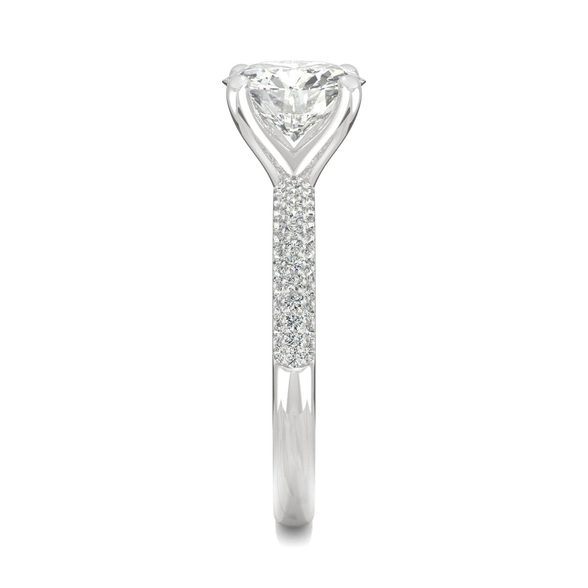 2.11 CTW DEW Round Moissanite Pavé Side-Stone Engagement Ring in 14K White Gold