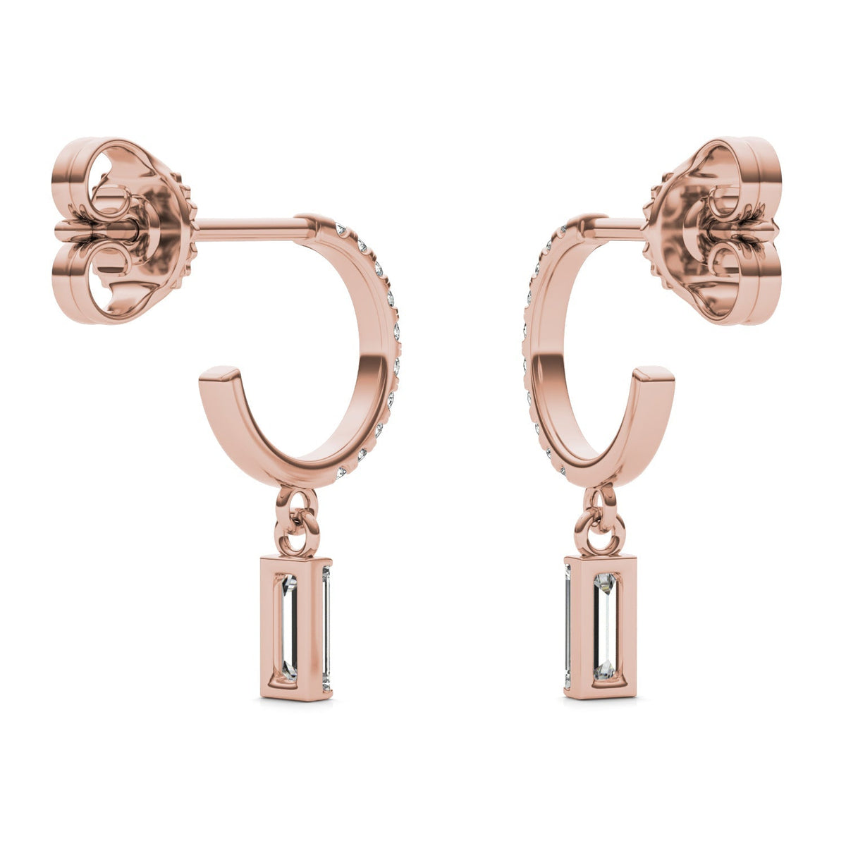 0.37 CTW DEW Straight Baguette Moissanite Huggie Drop Earrings in 14K Rose Gold