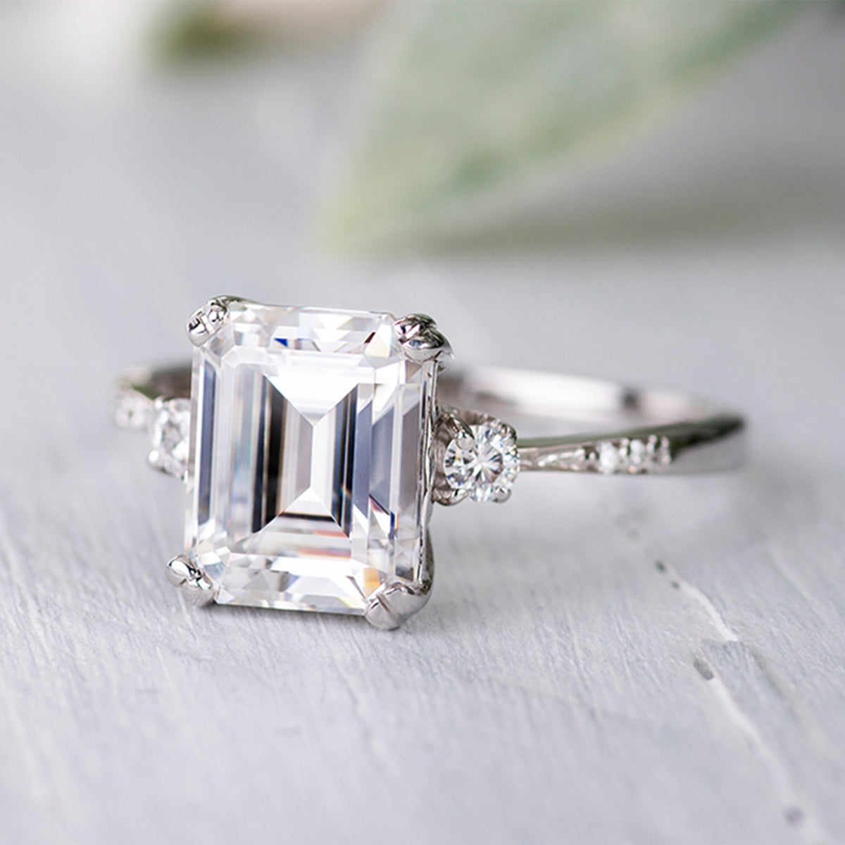 3.69 CTW DEW Emerald Moissanite Ring in 14K White Gold