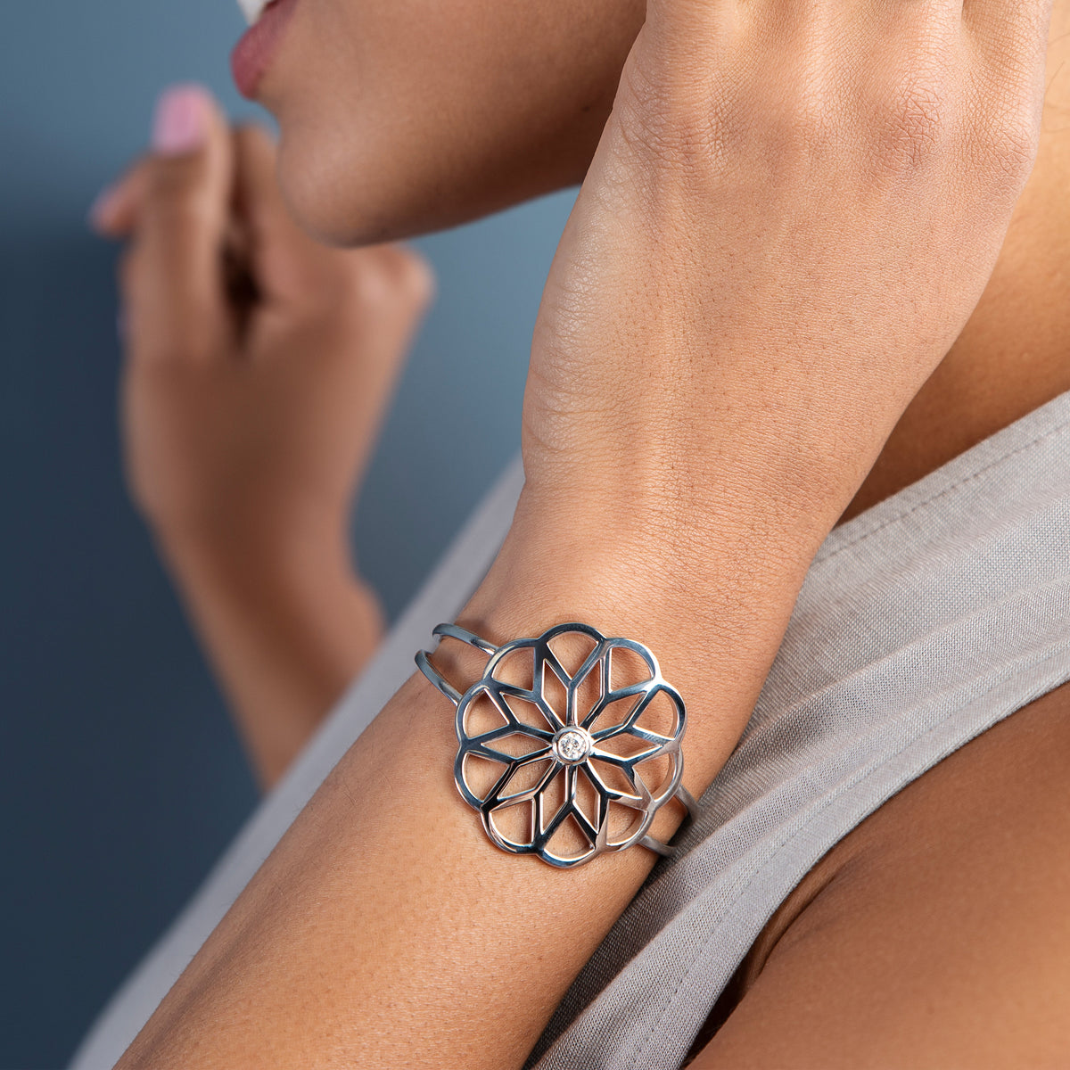0.23 CTW DEW Moissanite Bezel Floral Cuff Bracelet in Sterling Silver