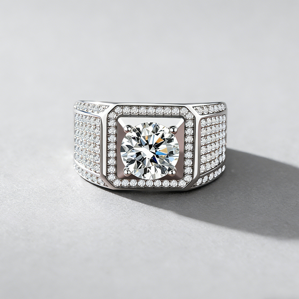 Men’s Square Moissanite Statement Ring, 925 Sterling Silver, Bold & Luxurious Business Jewelry for Men