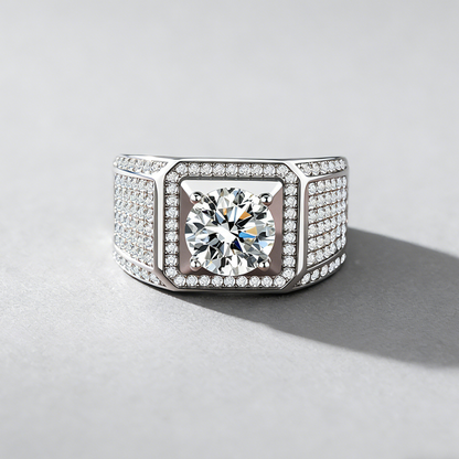 Men’s Square Moissanite Statement Ring, 925 Sterling Silver, Bold & Luxurious Business Jewelry for Men