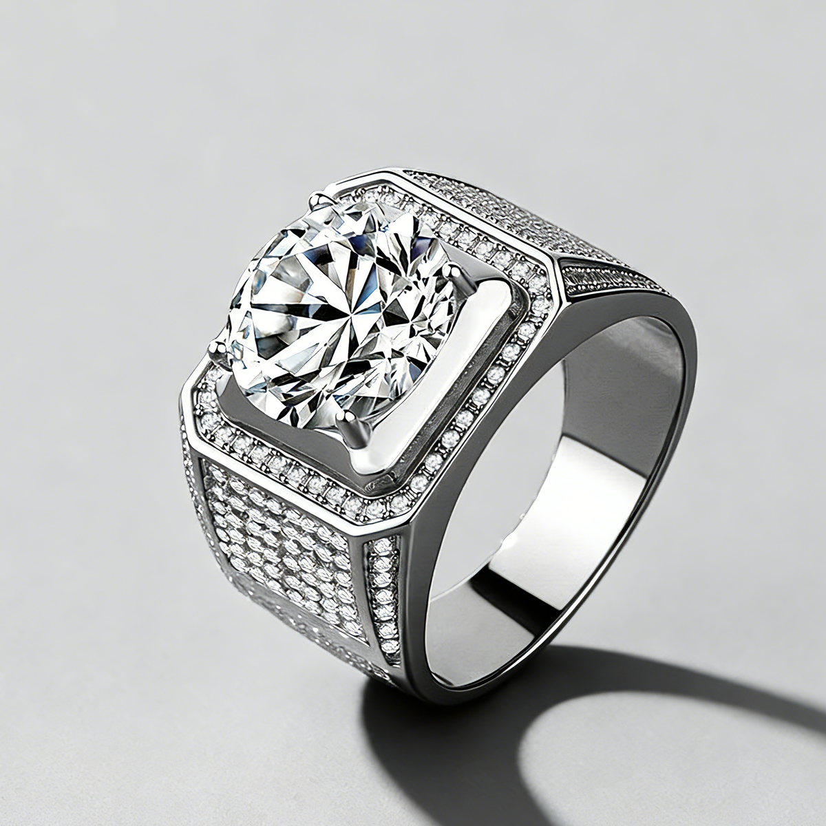 Men’s Square Moissanite Statement Ring, 925 Sterling Silver, Bold & Luxurious Business Jewelry for Men