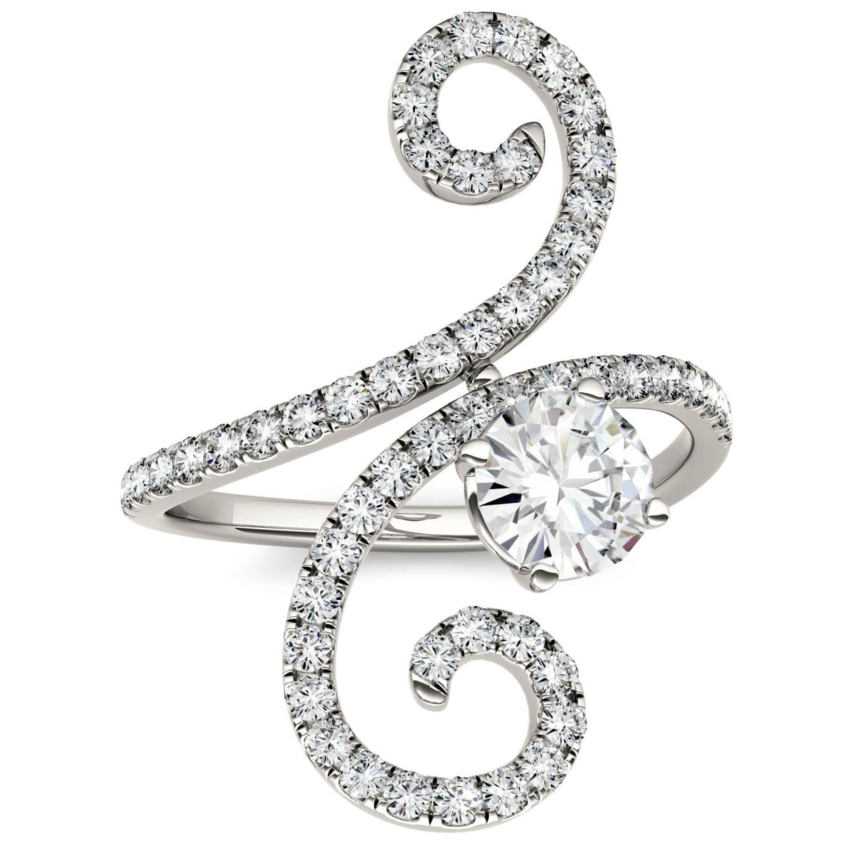 1.34 CTW DEW Round Moissanite Swirl Statement Ring in 14K White Gold