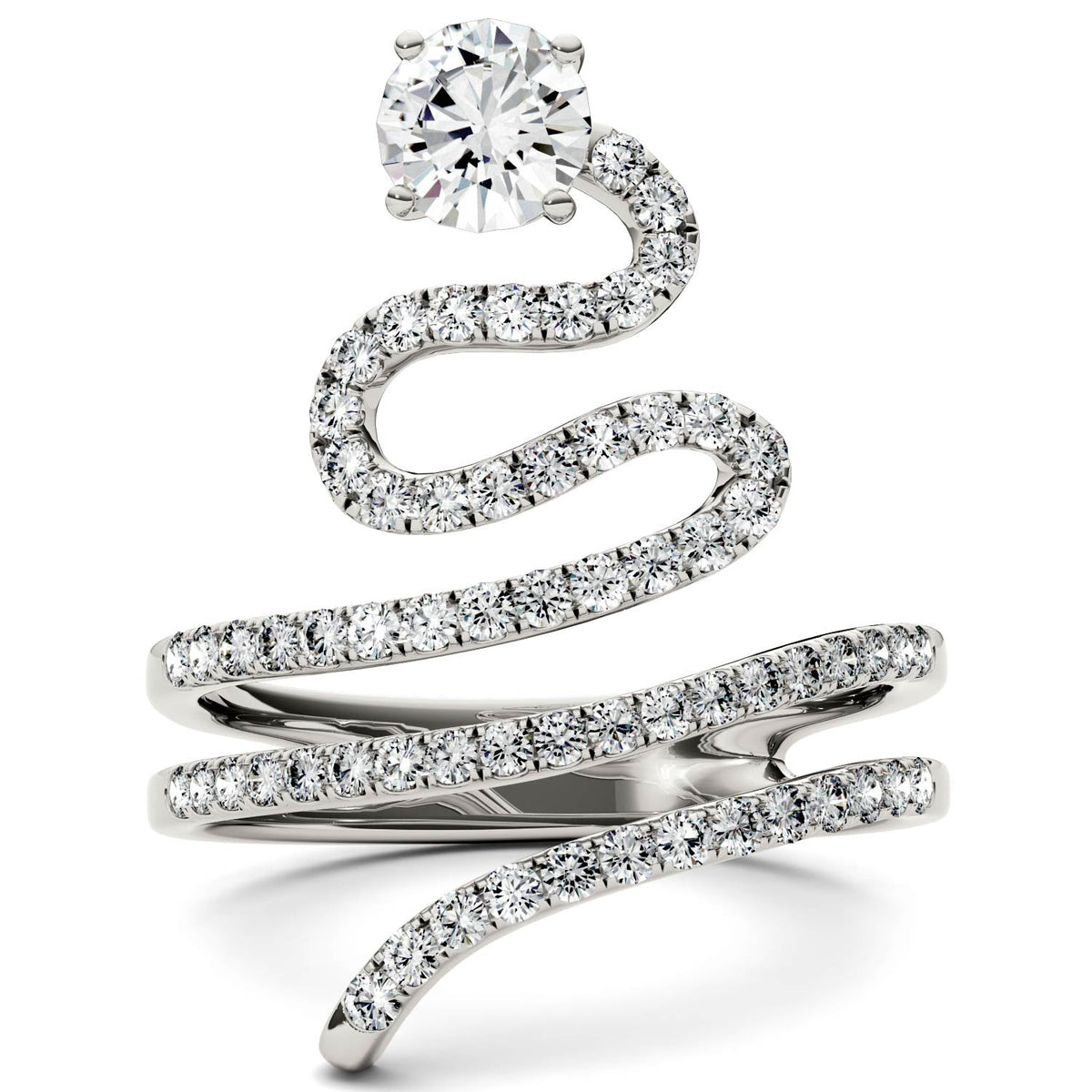 1.14 CTW DEW Round Moissanite Swirl Statement Ring in 14K White Gold