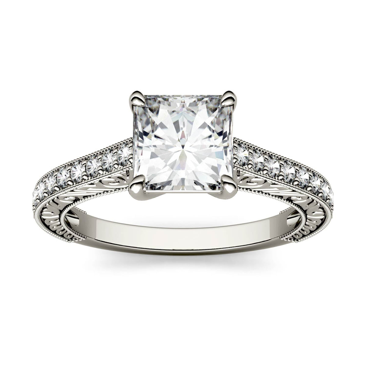 1.94 CTW DEW Square Moissanite Side-Stone Trellis Engagement Ring in 14K White Gold