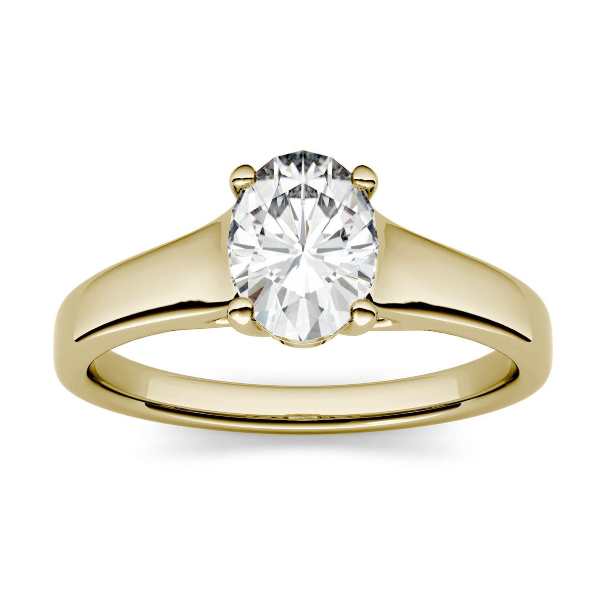 1.50 CTW DEW Oval Moissanite Trellis Solitaire Engagement Ring in 14K Yellow Gold