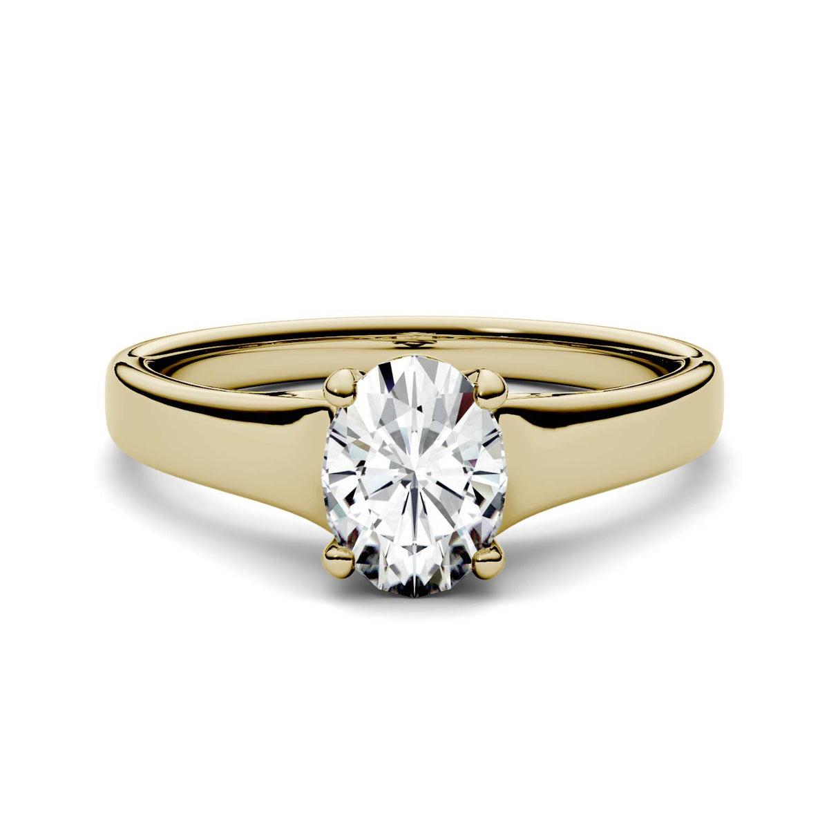 1.50 CTW DEW Oval Moissanite Trellis Solitaire Engagement Ring in 14K Yellow Gold