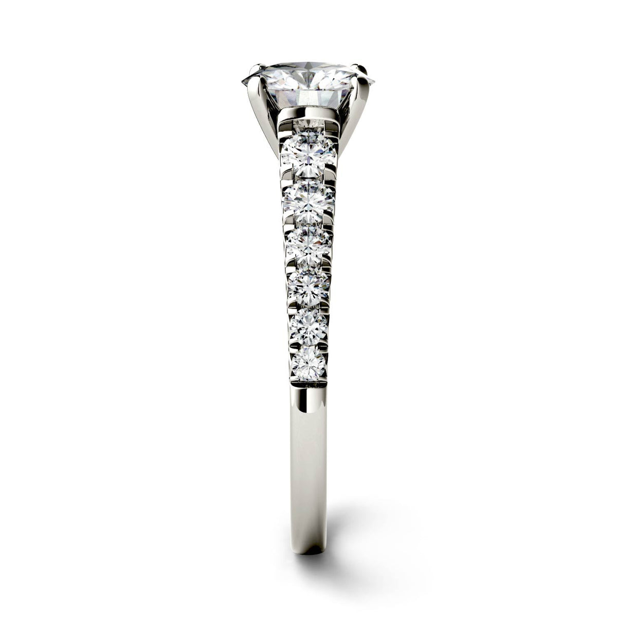 1.29 CTW DEW Round Moissanite Tapered Side-Stone Engagement Ring in 14K White Gold