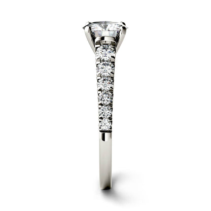 1.29 CTW DEW Round Moissanite Tapered Side-Stone Engagement Ring in 14K White Gold