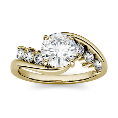 1.38 CTW DEW Round Moissanite Bypass Side-Stone Engagement Ring in 14K Yellow Gold