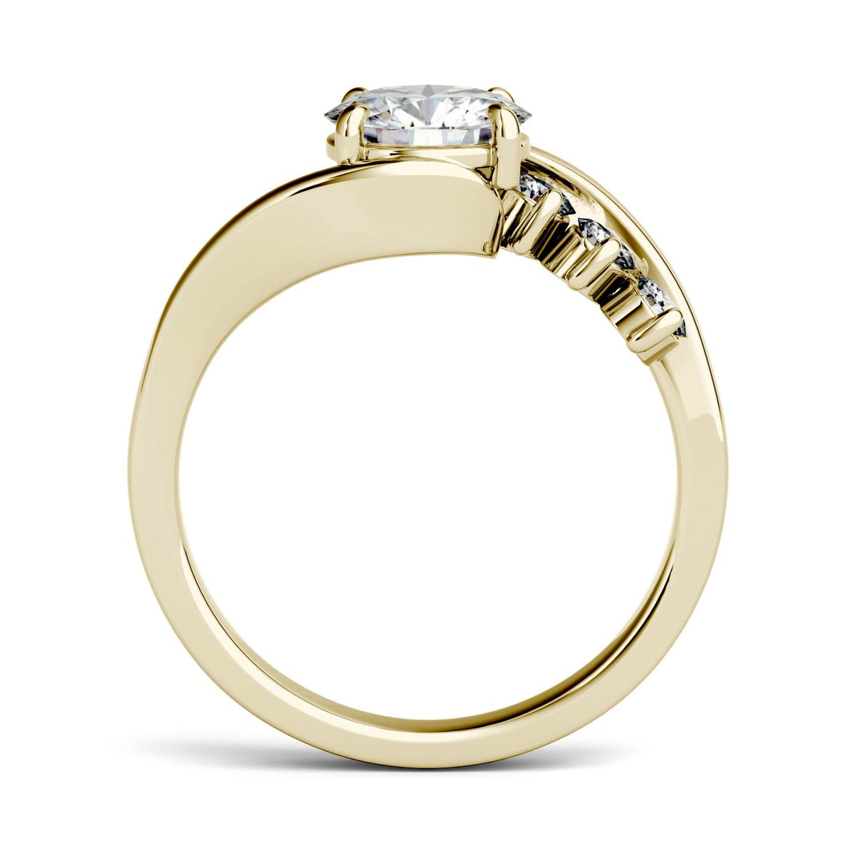 1.38 CTW DEW Round Moissanite Bypass Side-Stone Engagement Ring in 14K Yellow Gold