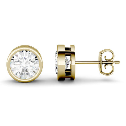 2 CTW DEW Round Moissanite Bezel Earrings 14K Yellow Gold