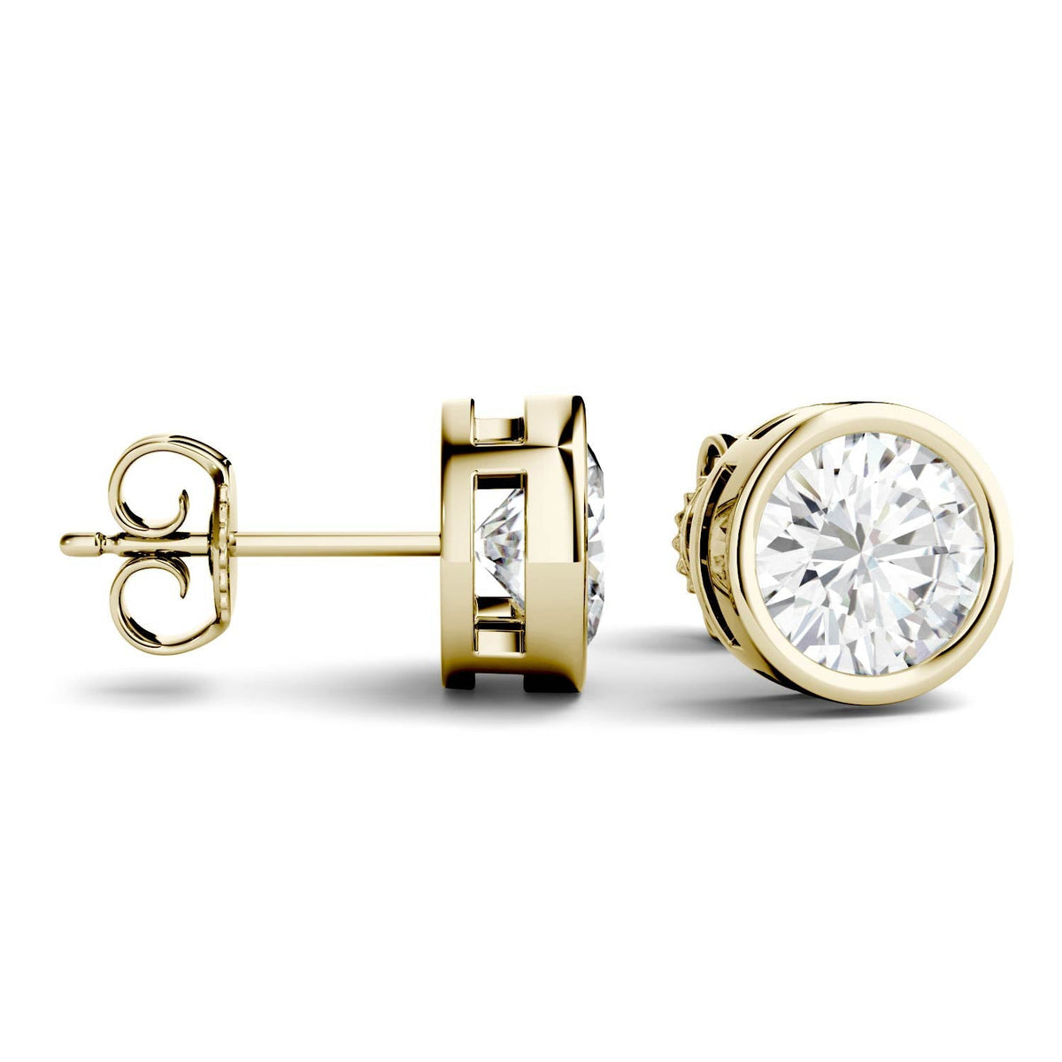 2 CTW DEW Round Moissanite Bezel Earrings 14K Yellow Gold