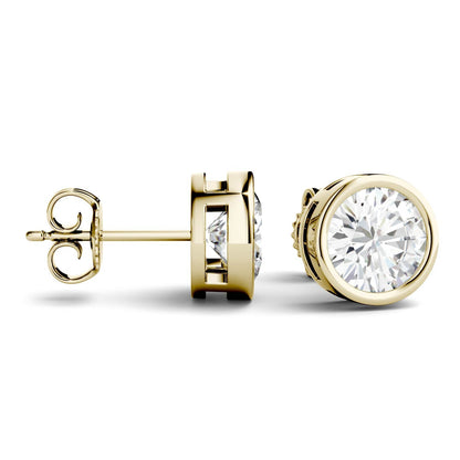 2 CTW DEW Round Moissanite Bezel Earrings 14K Yellow Gold