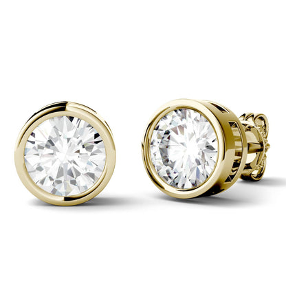 2 CTW DEW Round Moissanite Bezel Earrings 14K Yellow Gold