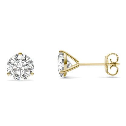 2 CTW DEW Round Moissanite Three-Prong Studs in 14K Yellow Gold