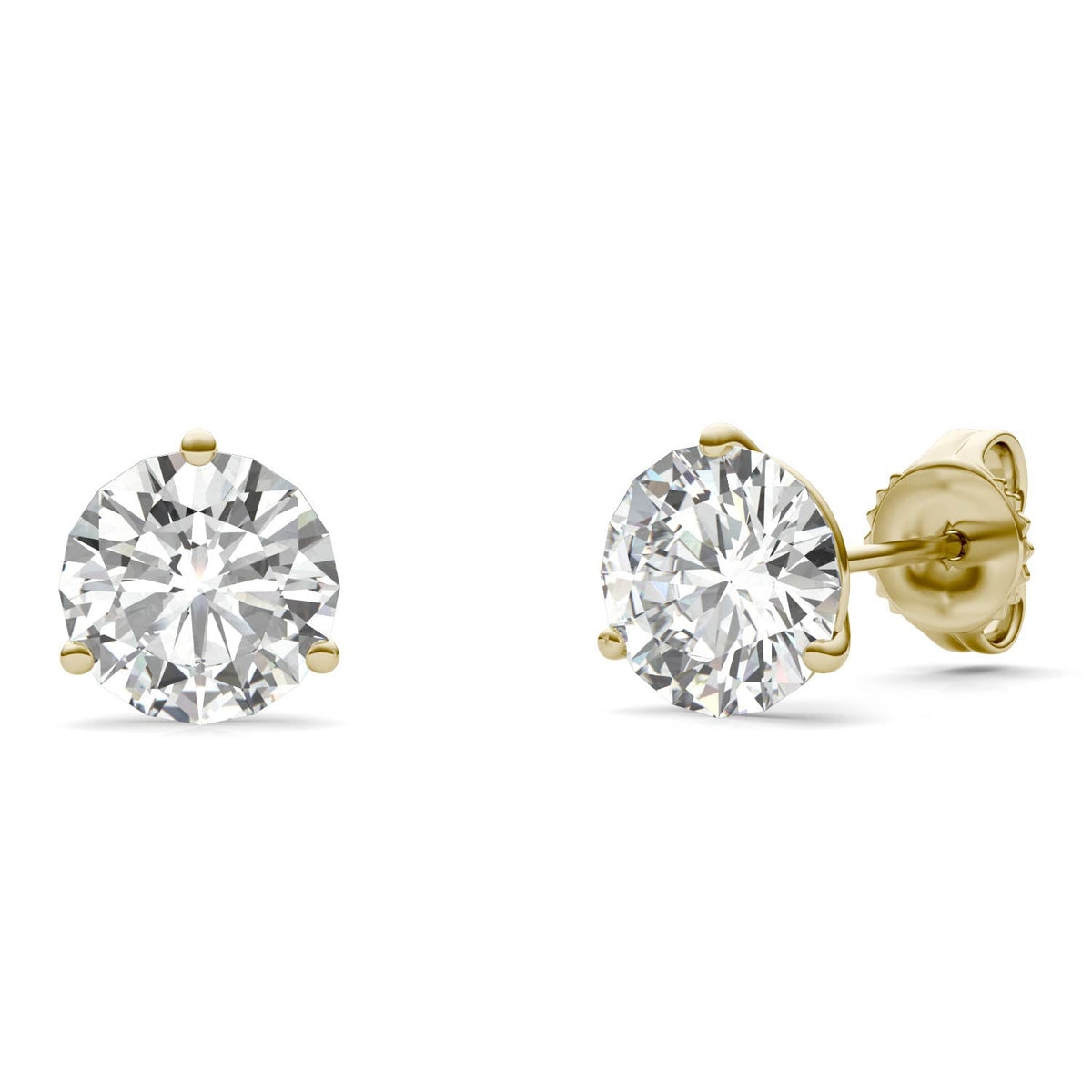 2 CTW DEW Round Moissanite Three-Prong Studs in 14K Yellow Gold