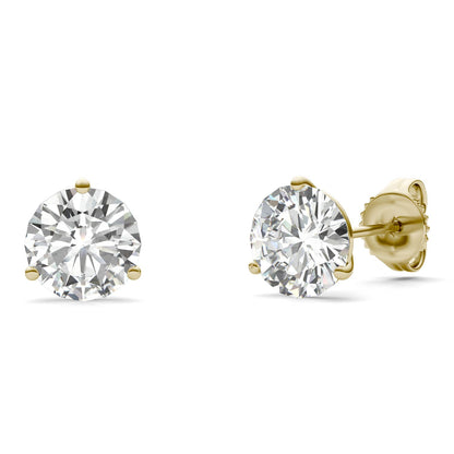 2 CTW DEW Round Moissanite Three-Prong Studs in 14K Yellow Gold