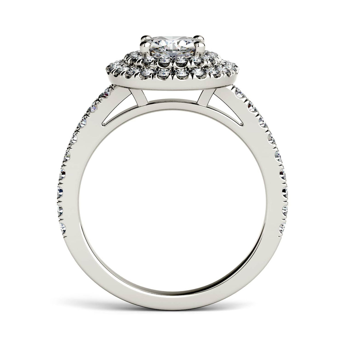 1.77 CTW DEW Cushion Moissanite Halo Side-Stone Engagement Ring in 14K White Gold
