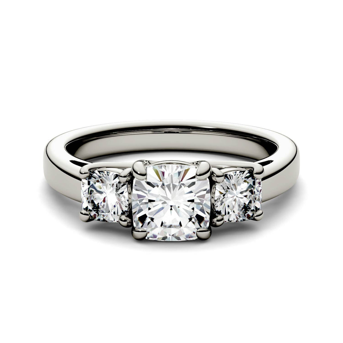 1.76 CTW DEW Cushion Moissanite Three-Stone Ring in 14K White Gold