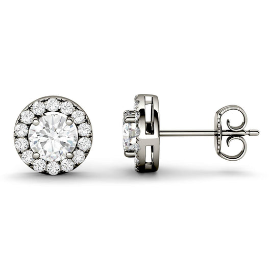 1.28 CTW DEW Round Moissanite Halo Studs in 14K White Gold