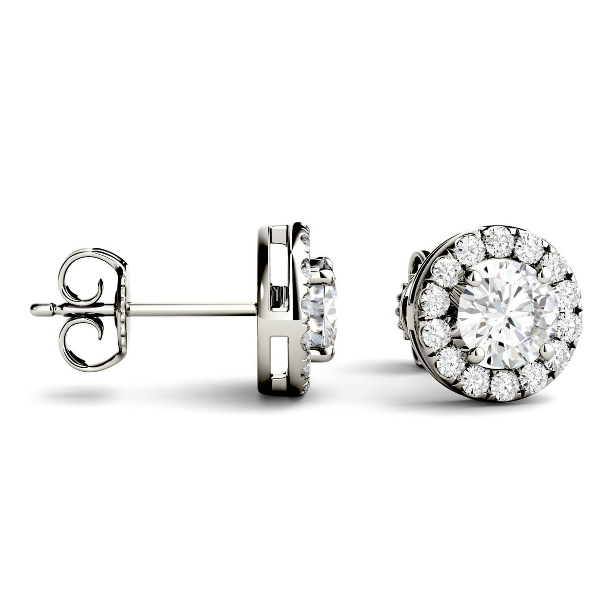 1.28 CTW DEW Round Moissanite Halo Studs in 14K White Gold