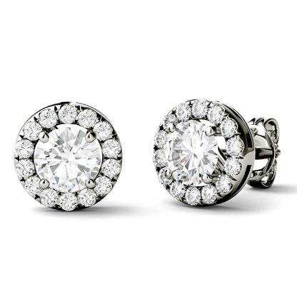 1.28 CTW DEW Round Moissanite Halo Studs in 14K White Gold
