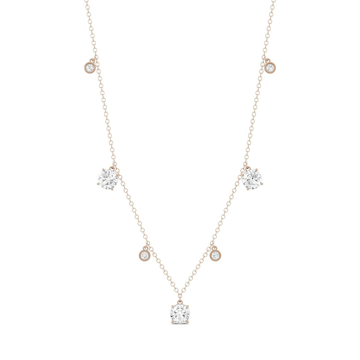 1.08 CTW DEW Round Moissanite Station Drop Necklace in 14K Rose Gold