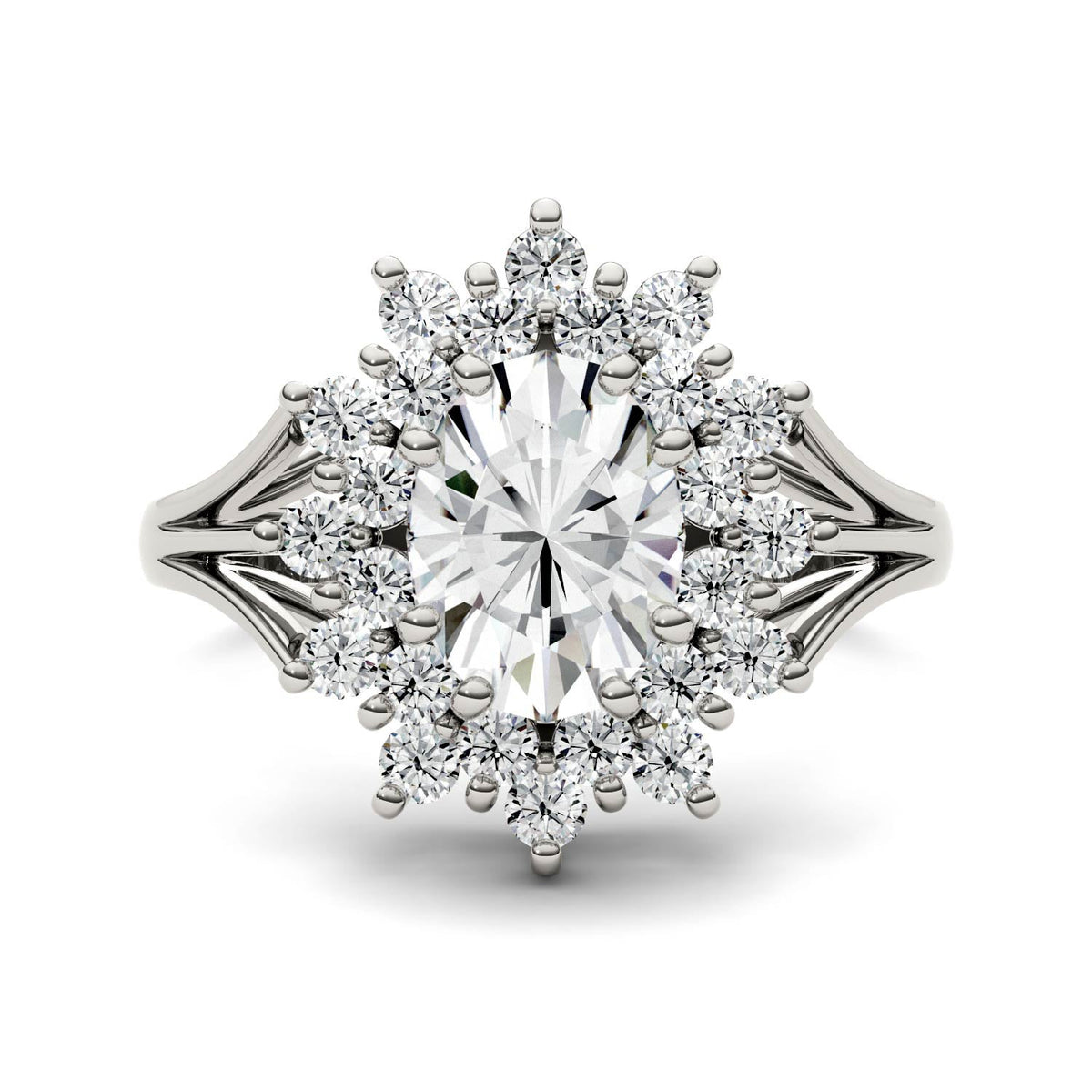 1.98 CTW DEW Oval Moissanite Floral Halo Ring in 14K White Gold