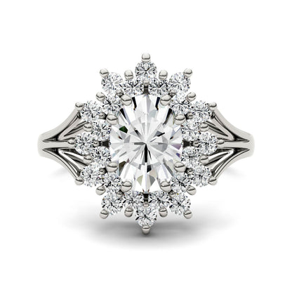 1.98 CTW DEW Oval Moissanite Floral Halo Ring in 14K White Gold