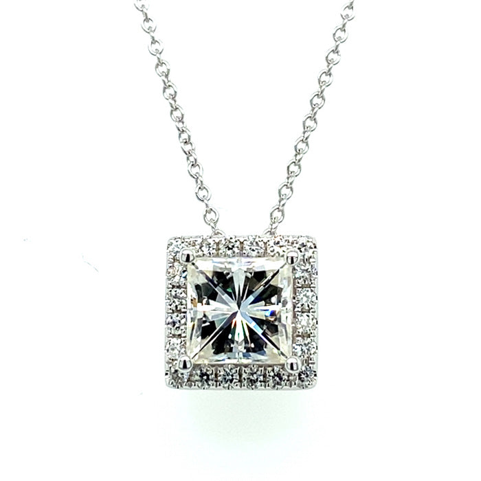 1.90 CTW DEW Square Moissanite Halo Pendant in 14K White Gold