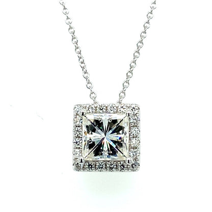 1.90 CTW DEW Square Moissanite Halo Pendant in 14K White Gold