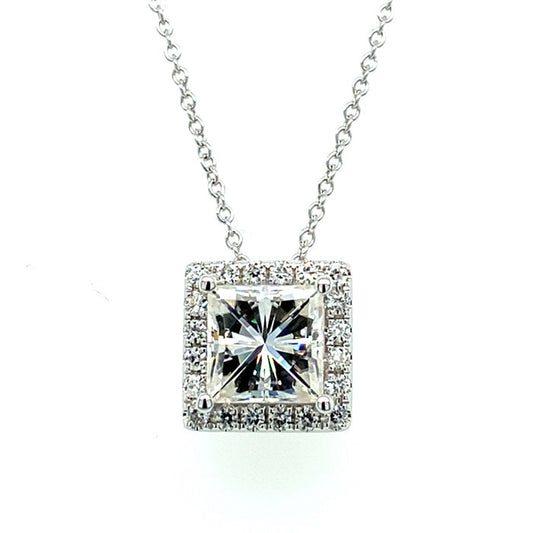1.90 CTW DEW Square Moissanite Halo Pendant in 14K White Gold