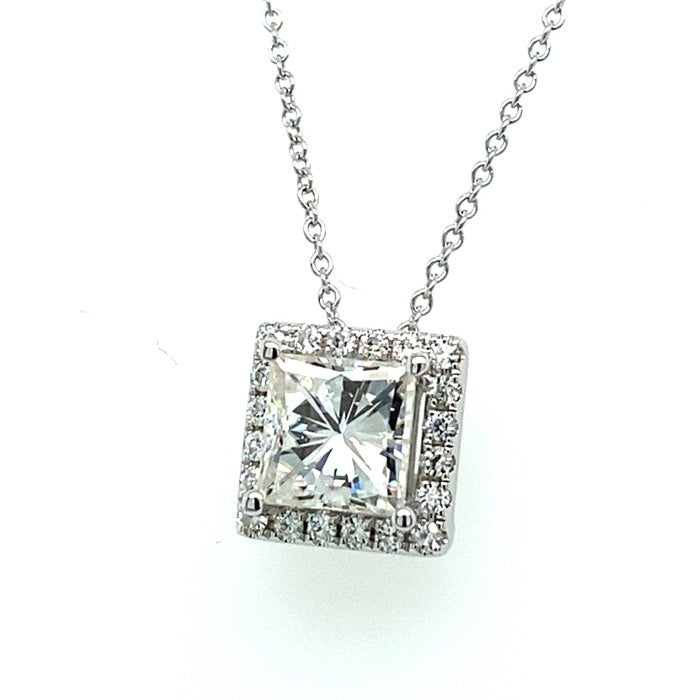 1.90 CTW DEW Square Moissanite Halo Pendant in 14K White Gold