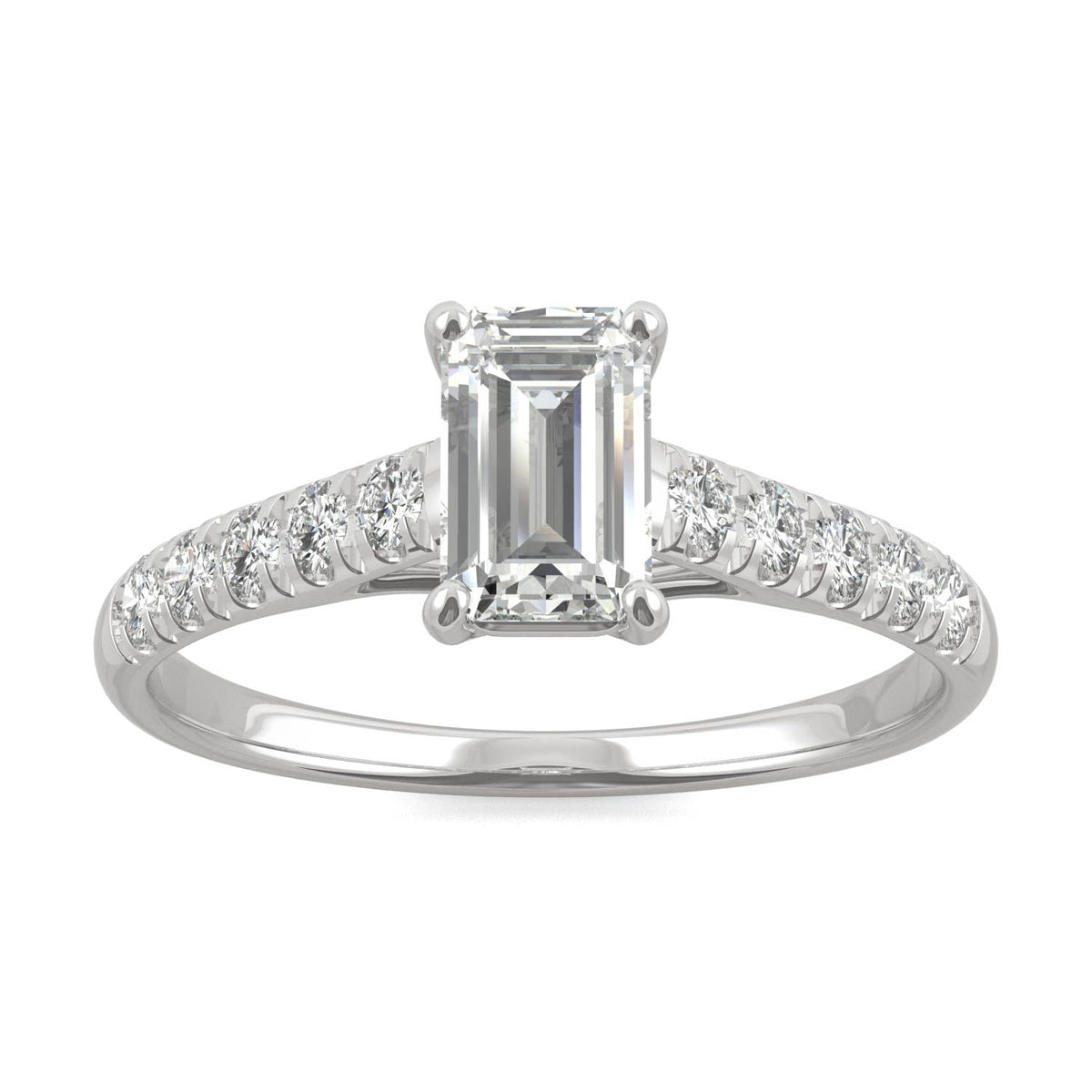 1.24 CTW DEW Emerald Moissanite Side-Stone Engagement Ring in 14K White Gold