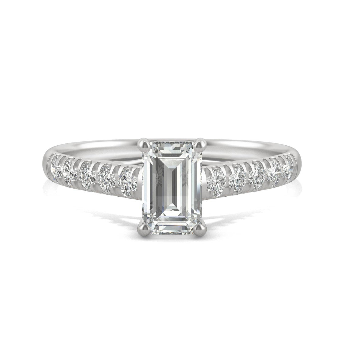 1.24 CTW DEW Emerald Moissanite Side-Stone Engagement Ring in 14K White Gold