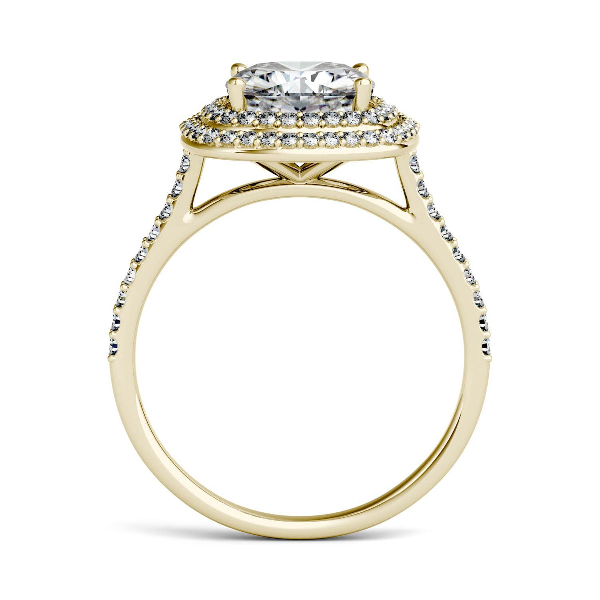 2.90 CTW DEW Cushion Moissanite Double Halo Engagement Ring in 14K Yellow Gold