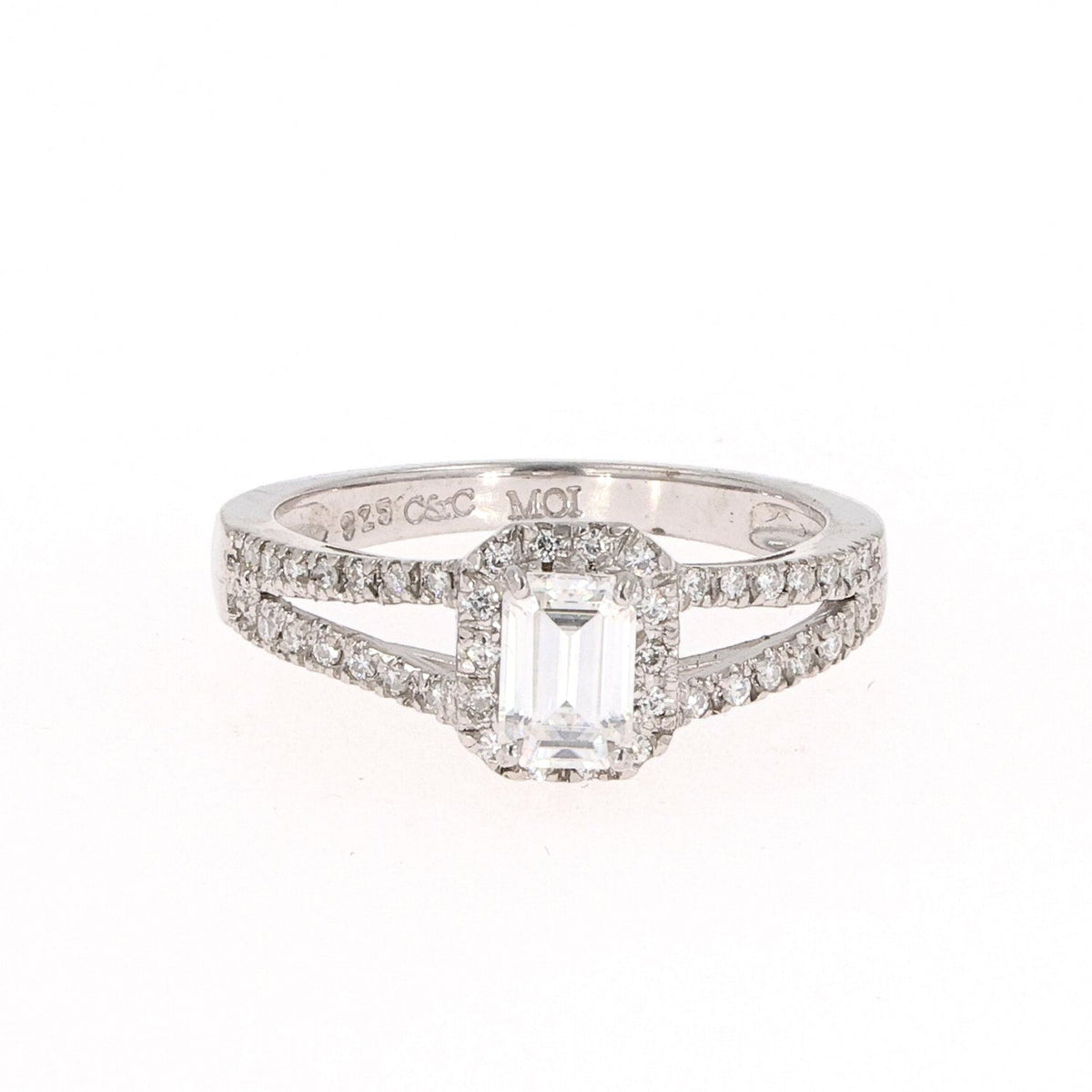 1.11 CTW DEW Emerald Moissanite Split-Shank Halo Engagement Ring in Sterling Silver