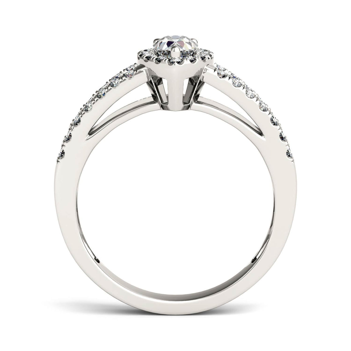 0.96 CTW DEW Pear Moissanite Side-Stone Split-Shank Halo Engagement Ring in 14K White Gold
